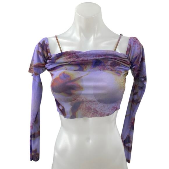 Silence + Noise Multicolor Floral Off Shoulder Long Sleeve Sheer Crop Top Size S - Picture 1 of 4